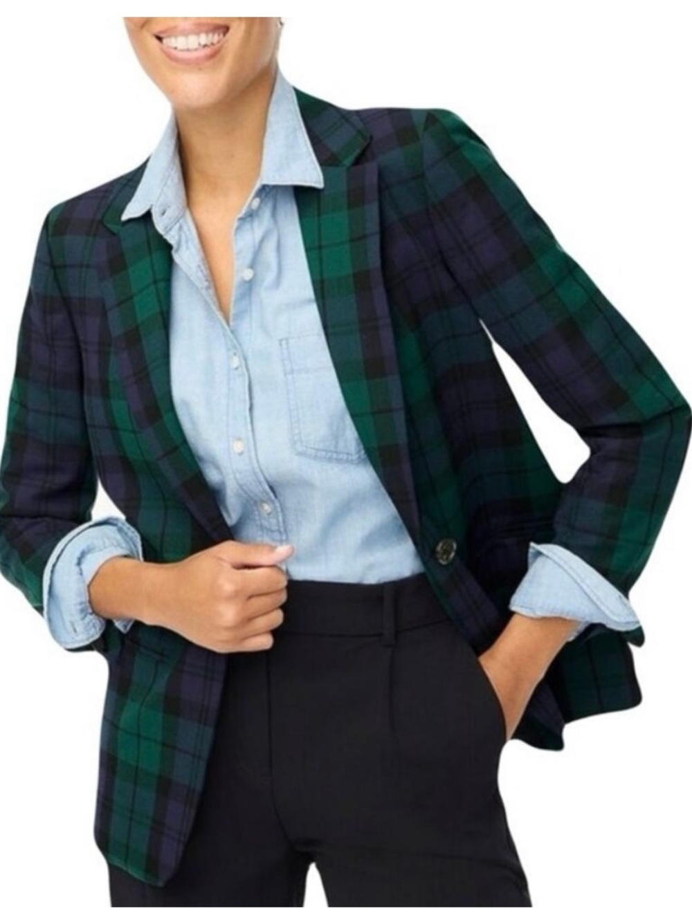 J. Crew Black Watch Plaid One-Button Blazer